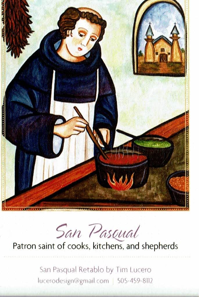 A retablo painting of San Pascual, patron saint of cooks, kitchens, and shepherds