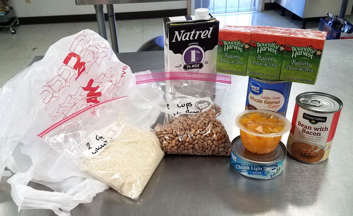 A sample food pantry bag packed with nonperishable groceries